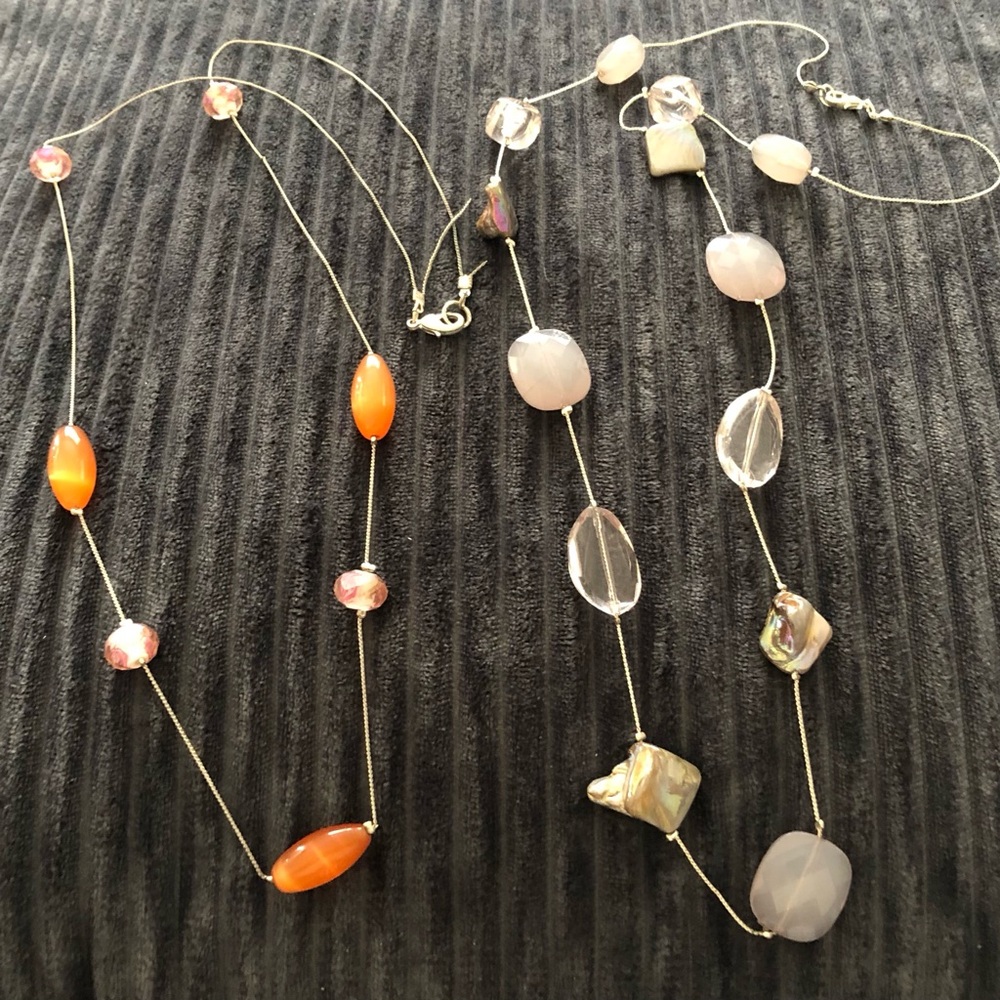 Set of 2- Fashion Costume Silver Tone Beaded Long Necklaces- Orange & Neutral